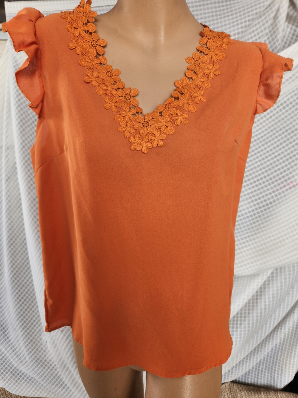 SHEIN Orange Floral Lace V-Neck Ruffle Sleeve Camisole